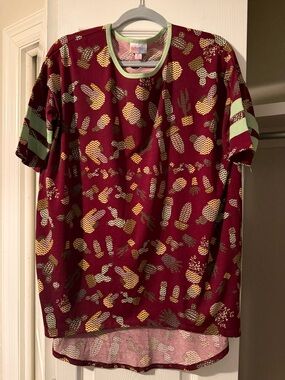 LuLaRoe Burgundy Tee with Yellow Cactus Print and Light Green Trim